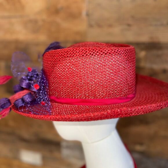 Custom Red Derby Hat Purple Feathers Rhinestones Netting Church Tea Party Events